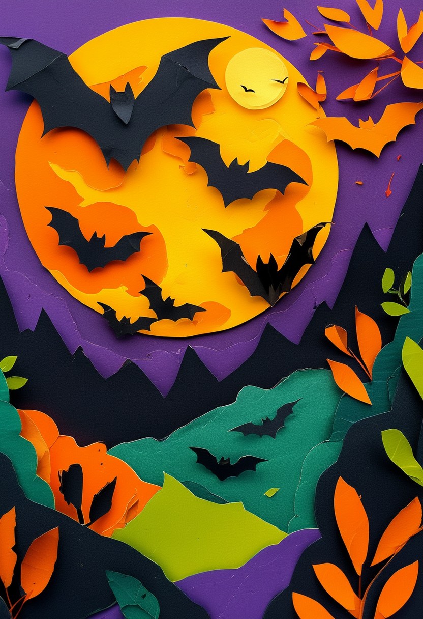 Autumn Bat Moonscape — Halloween cut-paper-style greeting card