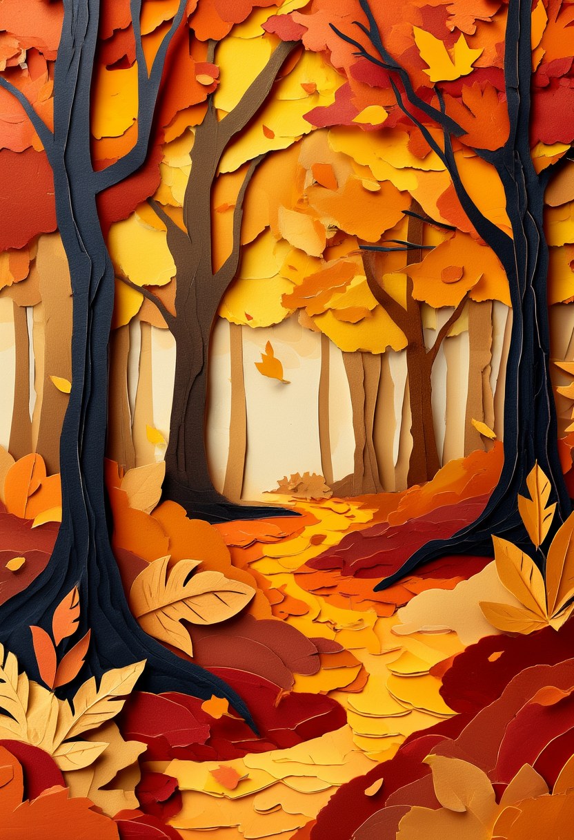 Autumn Forest Path — Autumn cut-paper-style greeting card