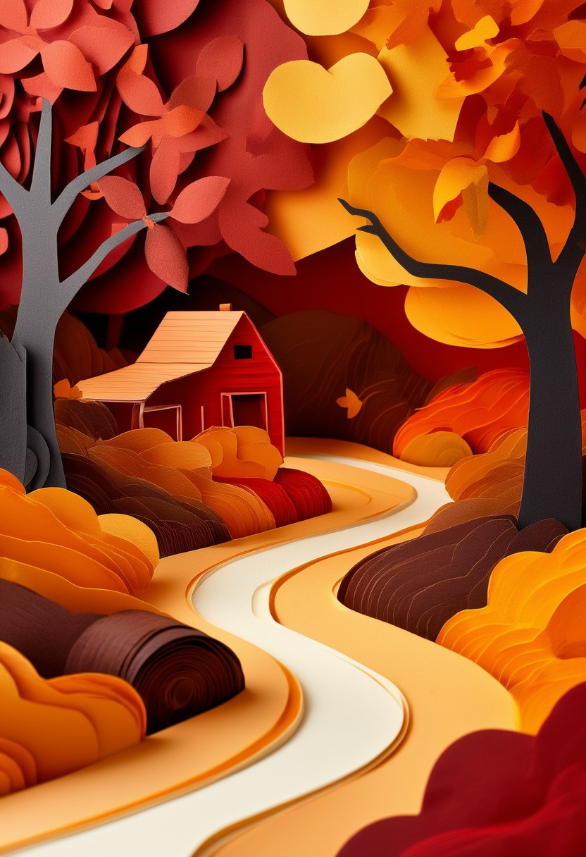 Autumn Forest Roadside — Thanksgiving cut-paper-style greeting card