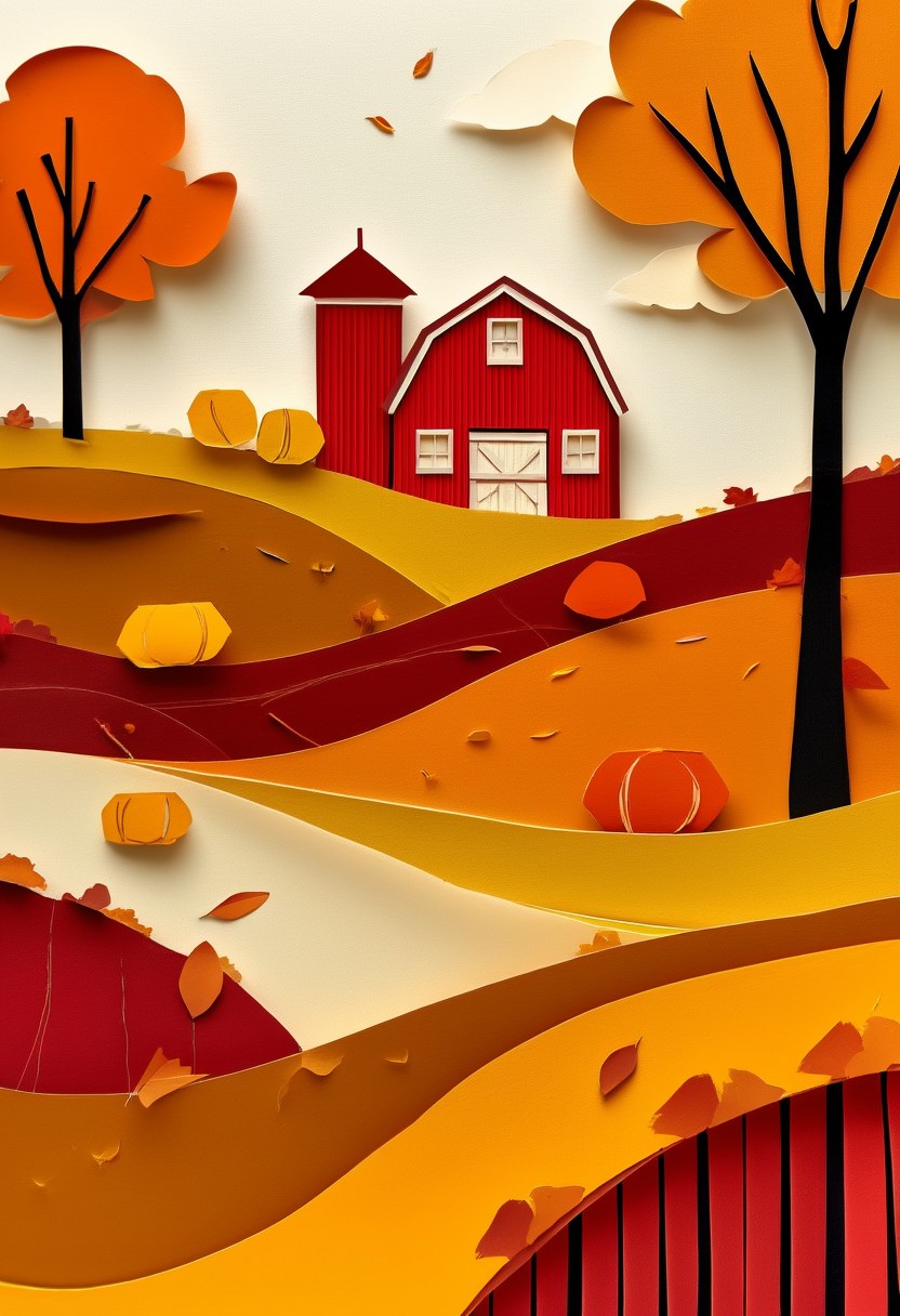 Autumn Harvest Homestead — Thanksgiving cut-paper-style greeting card
