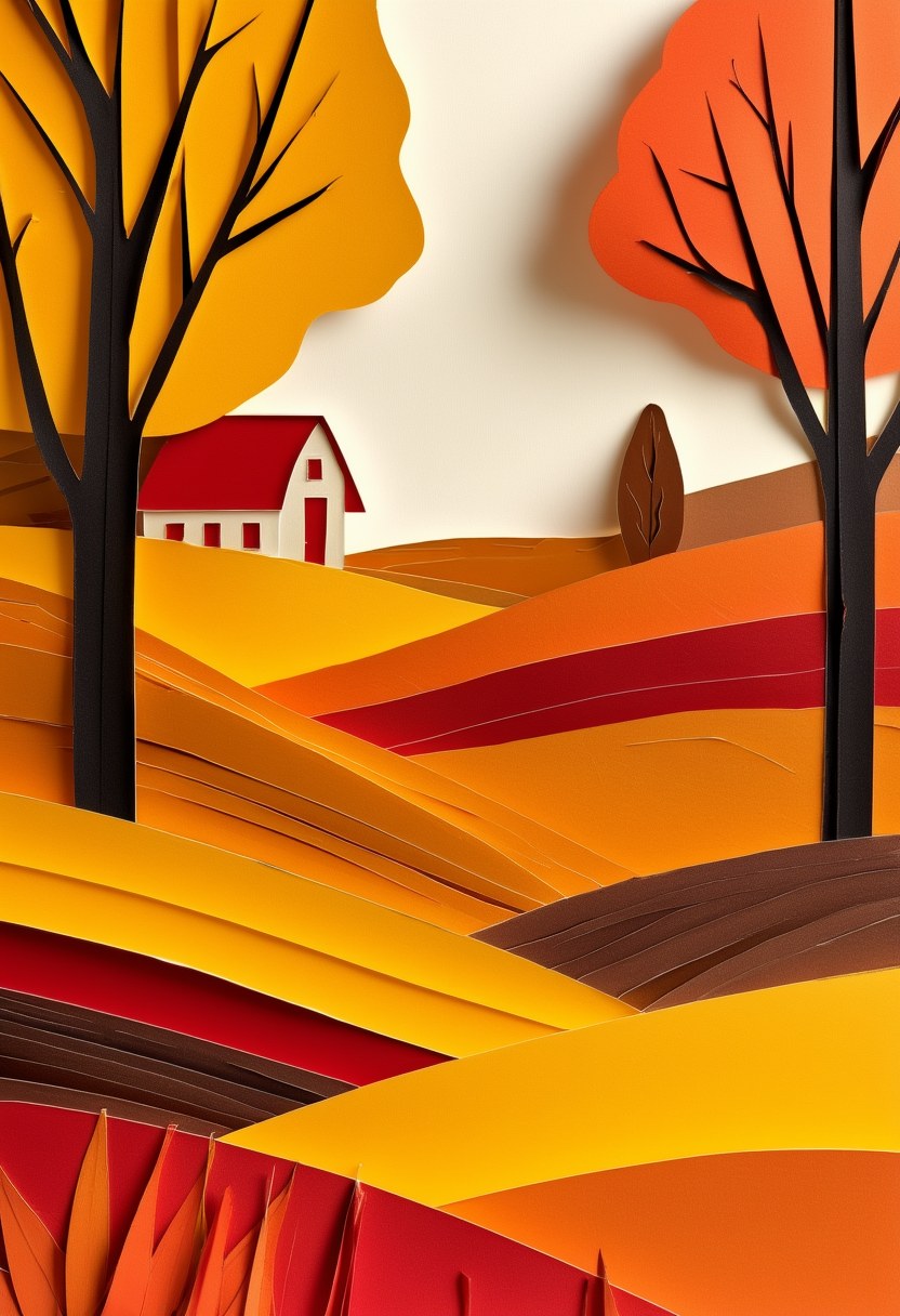 Autumn Hillside Cottage — Thanksgiving cut-paper-style greeting card