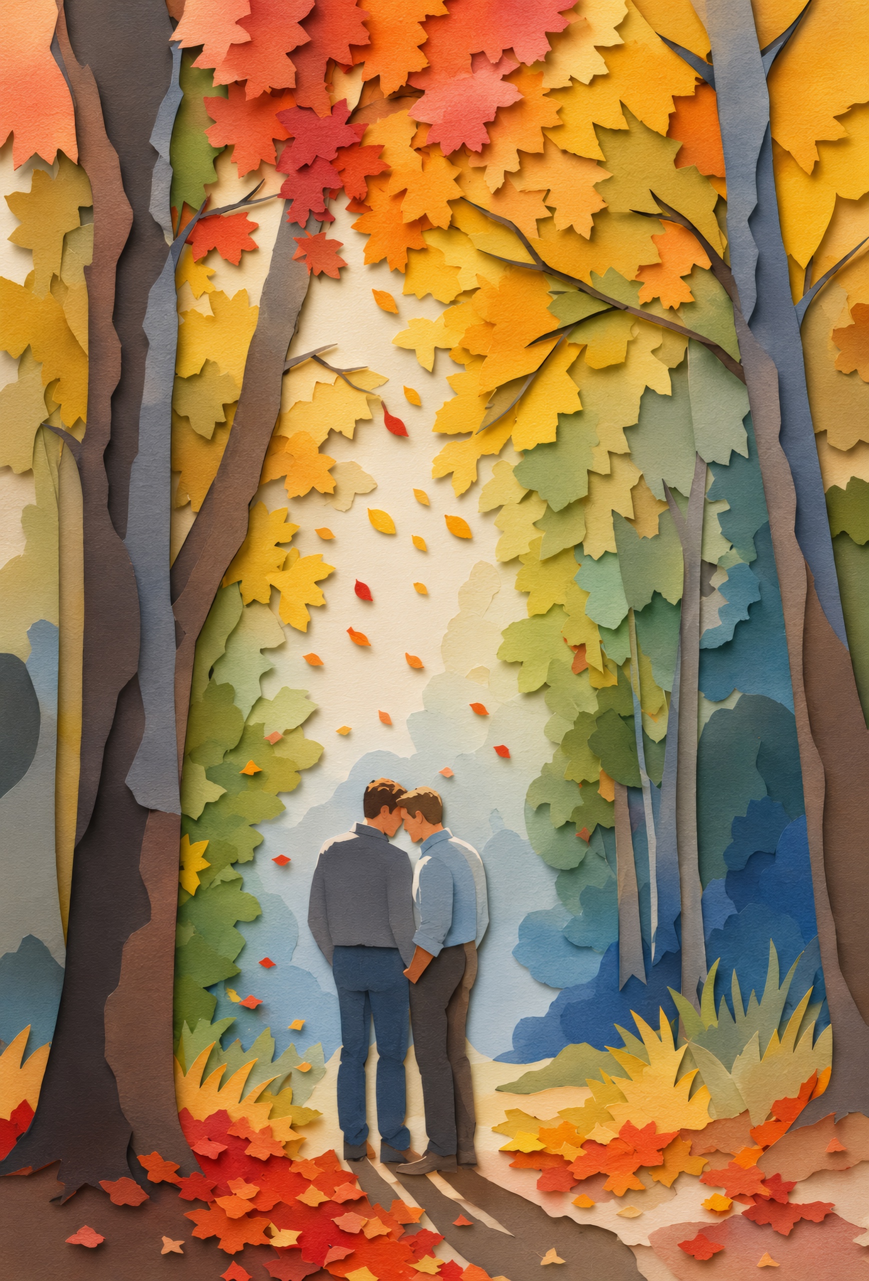 Autumn Path Embrace — Pride cut-paper-style greeting card