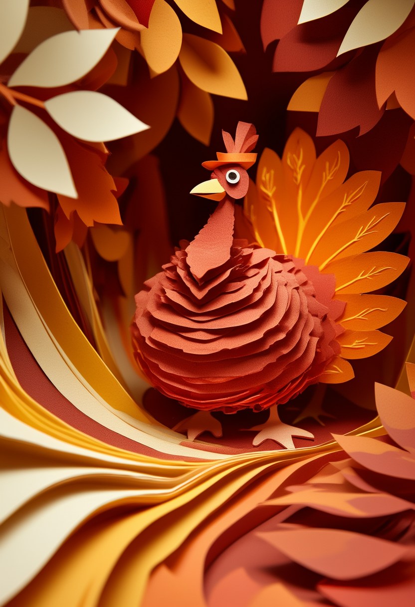 Autumn Peacock Nest — Thanksgiving cut-paper-style greeting card