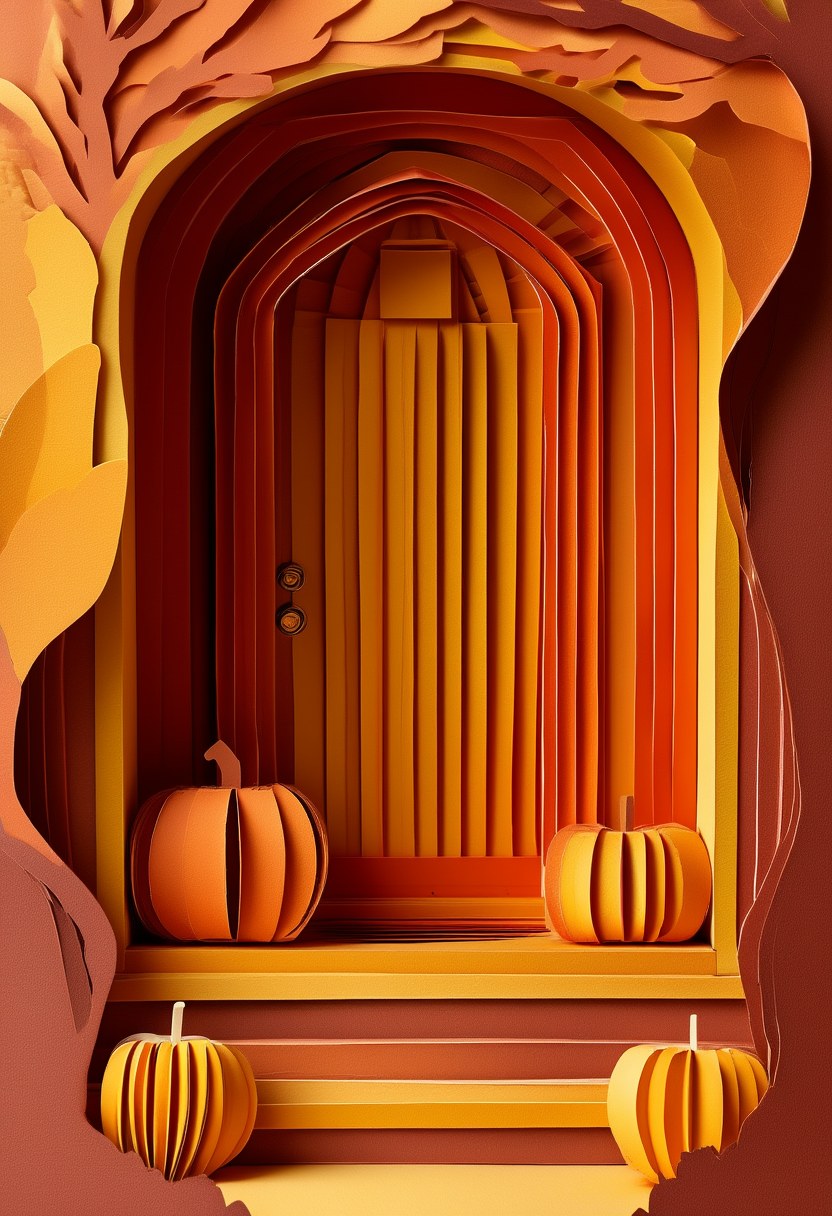 Autumn Pumpkin Portal — Autumn cut-paper-style greeting card