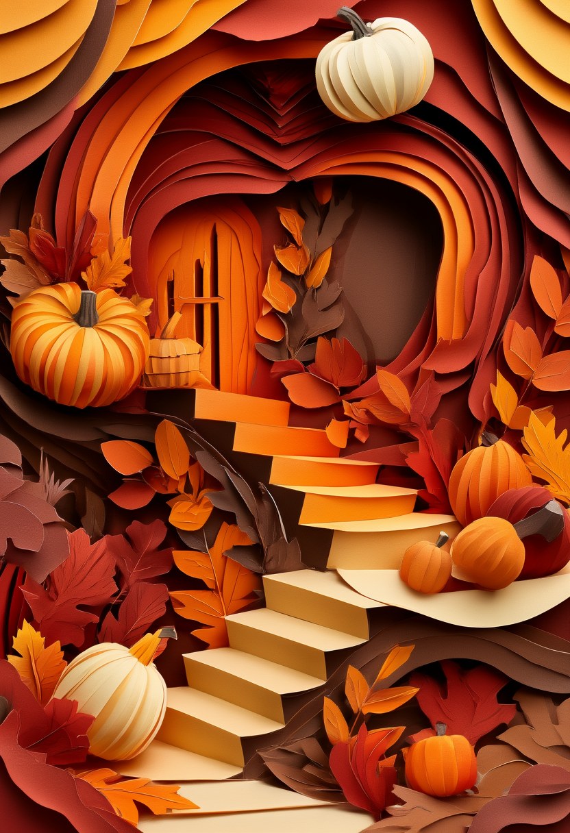 Autumn Pumpkin Stairway — Thanksgiving cut-paper-style greeting card