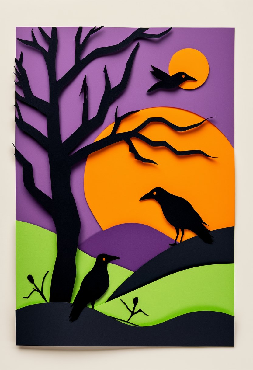 Autumn Raven Silhouette — Halloween cut-paper-style greeting card
