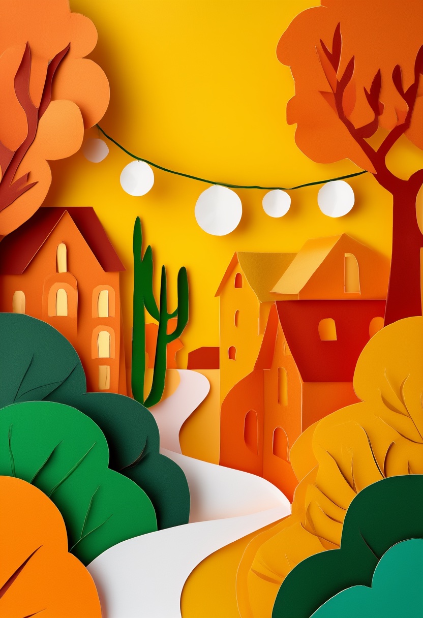 Autumn Village Paper Cutout Serenity — Reunion cut-paper-style greeting card