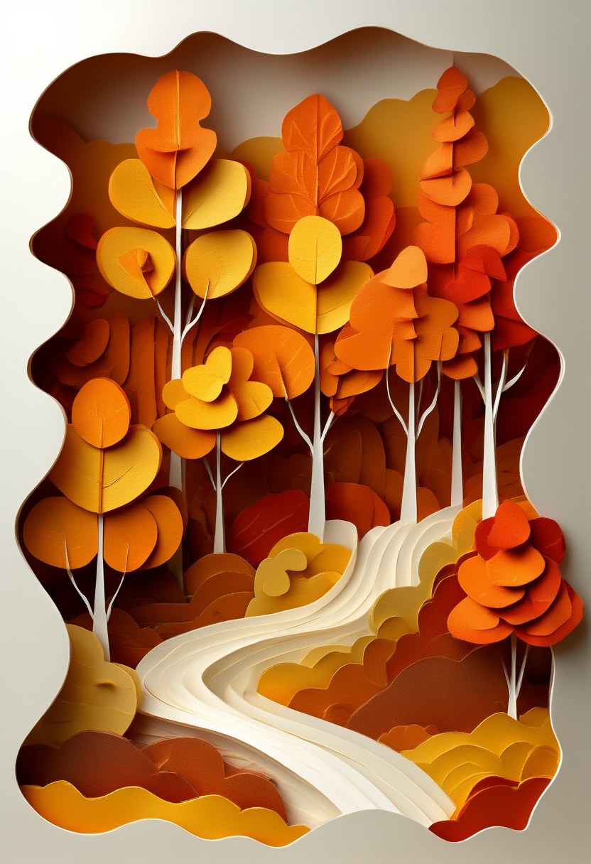 Autumn Woodland Path — Autumn cut-paper-style greeting card