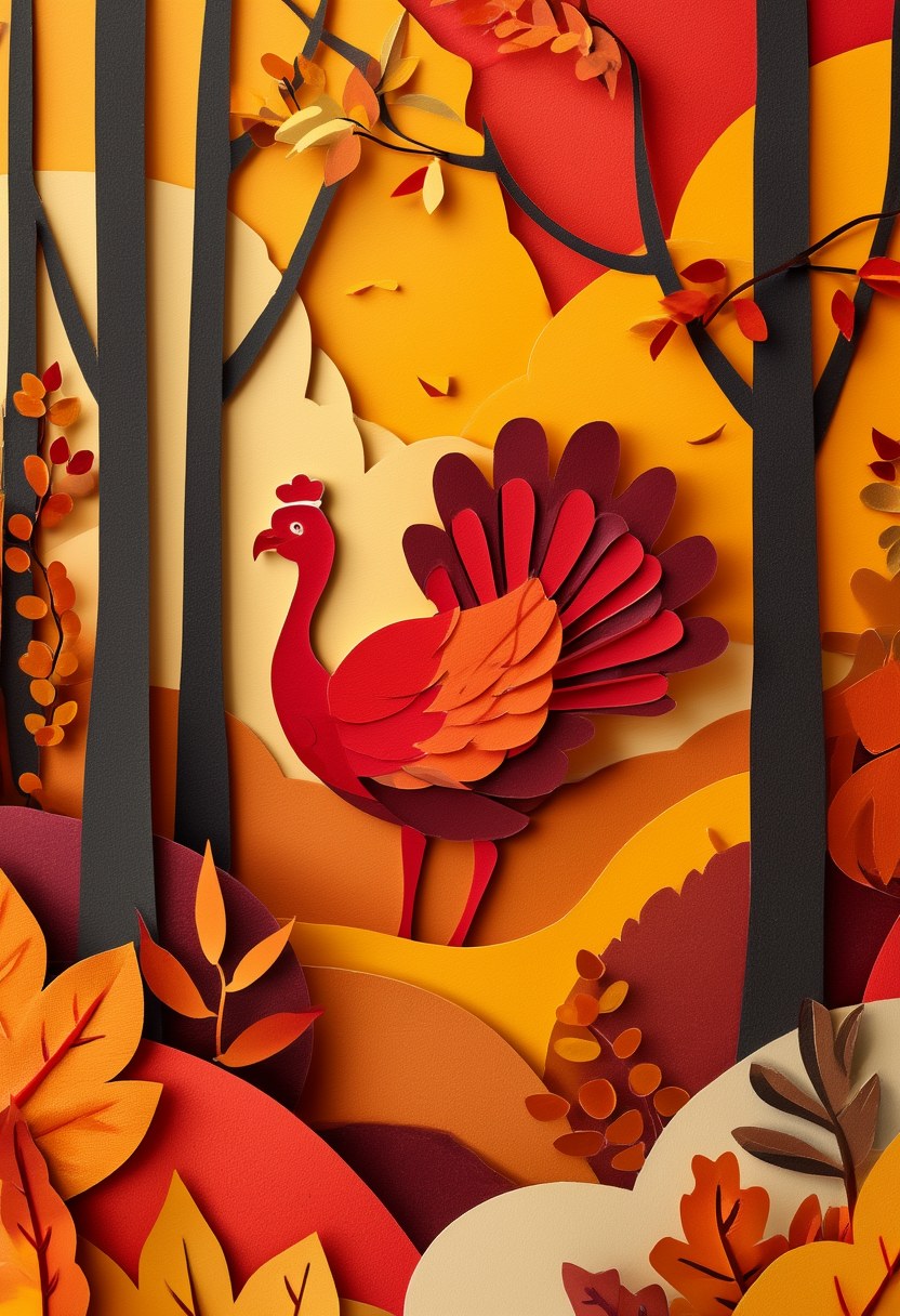 Autumn Woodland Turkey Scene — Thanksgiving cut-paper-style greeting card