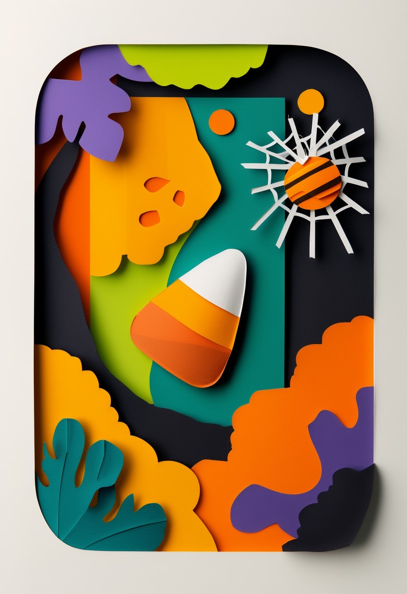 Autumnal Candy Dreams — Halloween cut-paper-style greeting card
