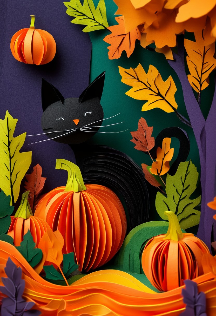 Autumnal Cat & Pumpkins — Halloween cut-paper-style greeting card