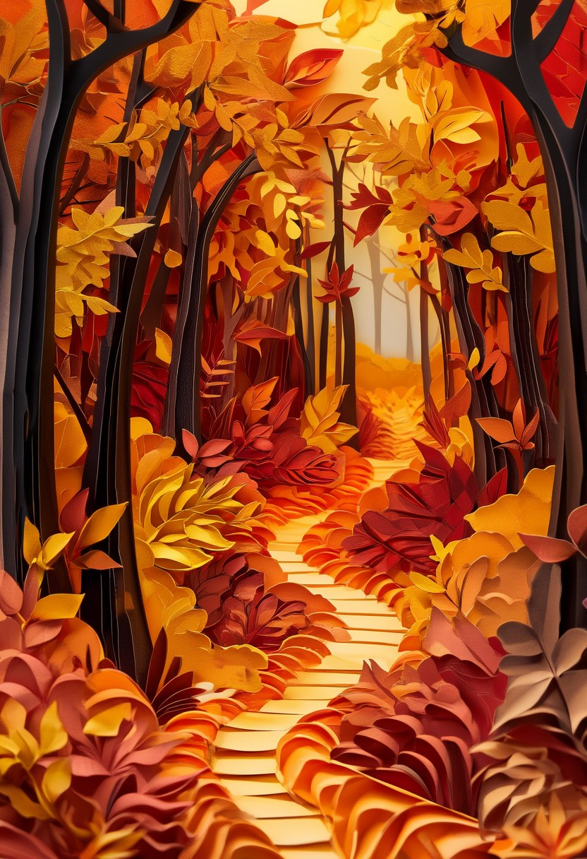 Autumnal Forest Path — Autumn cut-paper-style greeting card