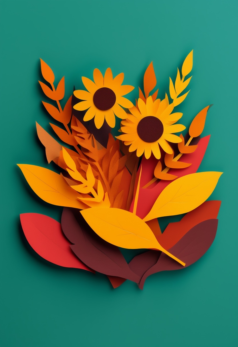 Autumnal Sunflowers Paper Bloom — Thanksgiving cut-paper-style greeting card