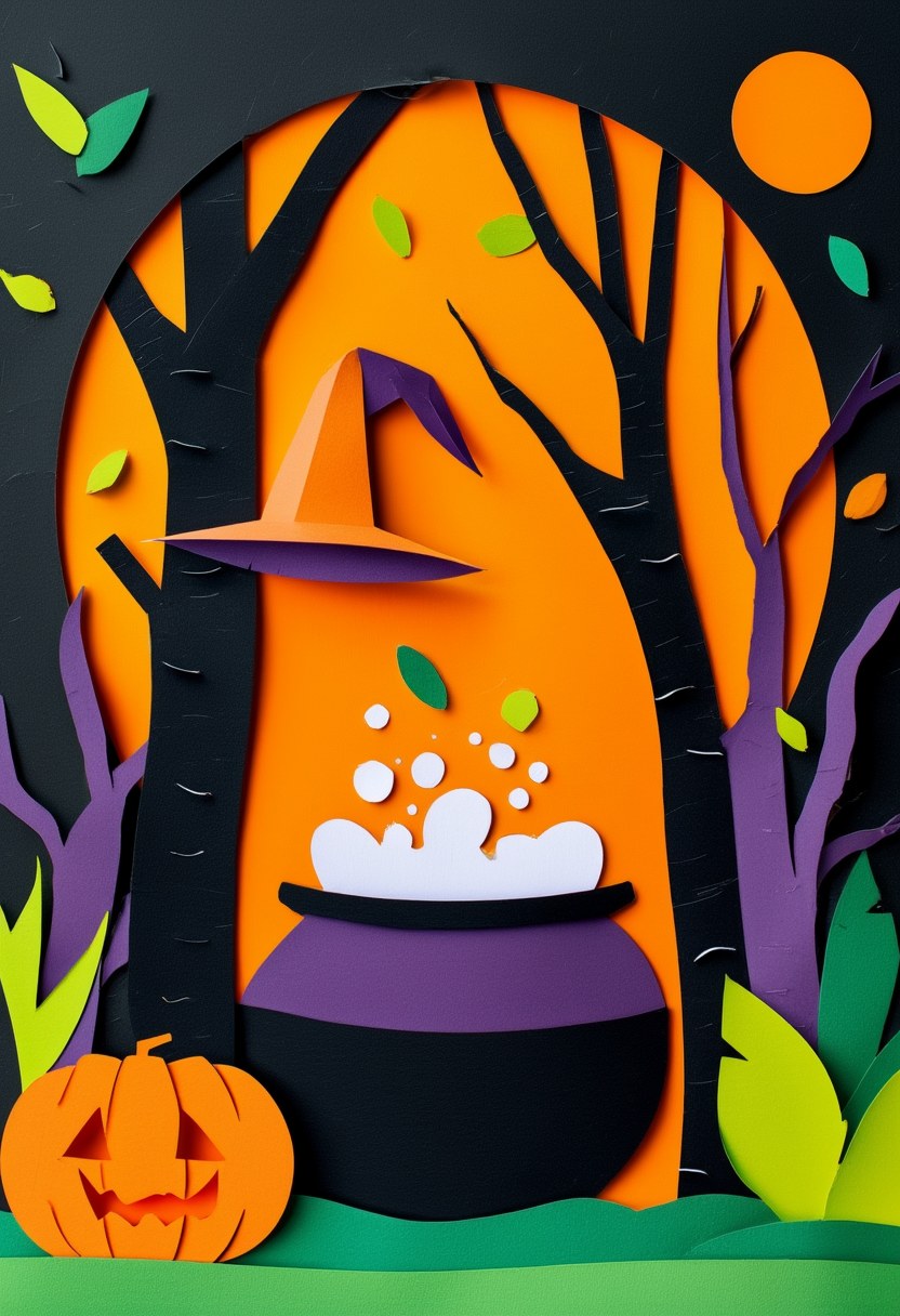 Autumnal Witch's Brew — Halloween cut-paper-style greeting card