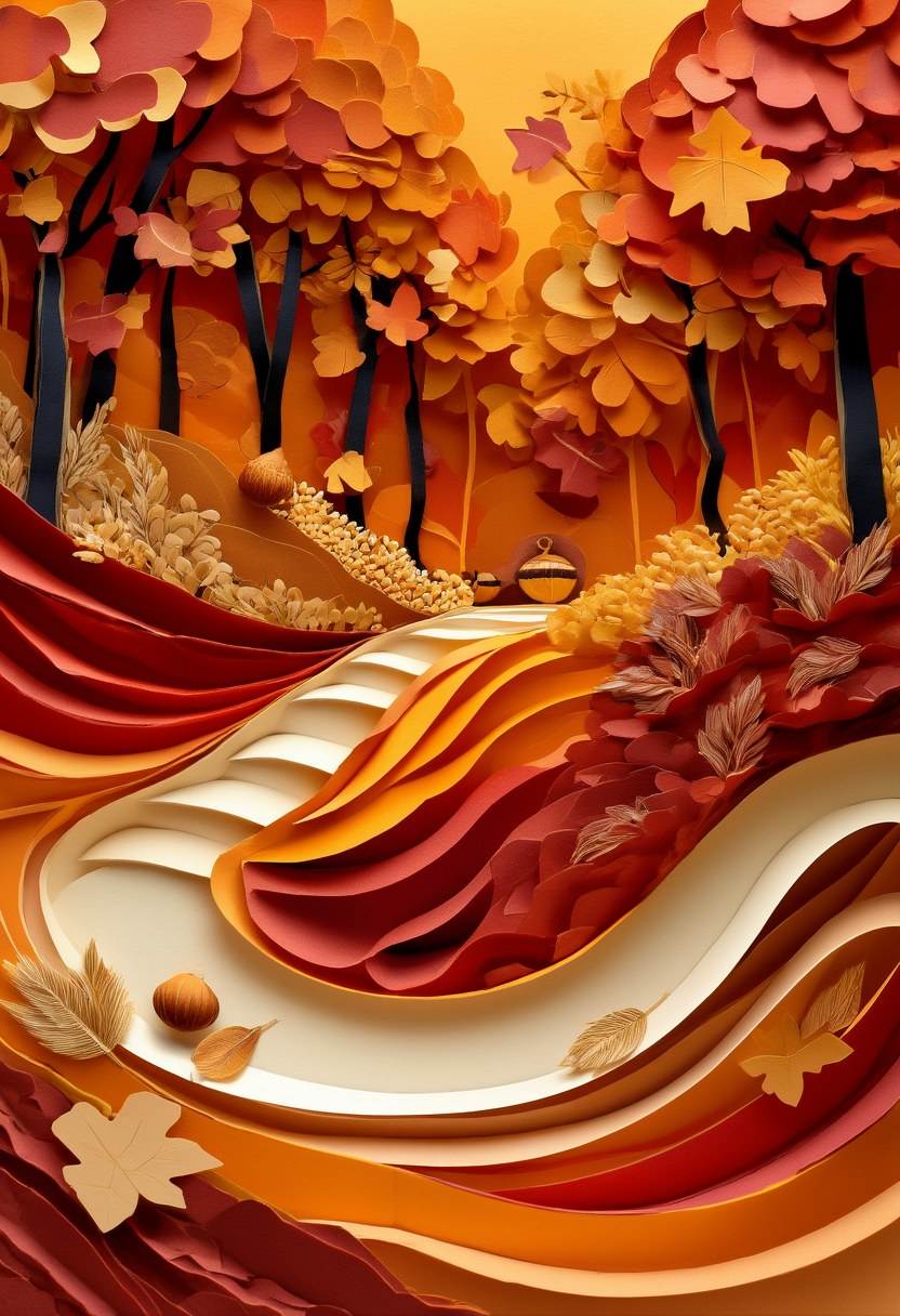 Autumnal Woodland Path — Thanksgiving cut-paper-style greeting card