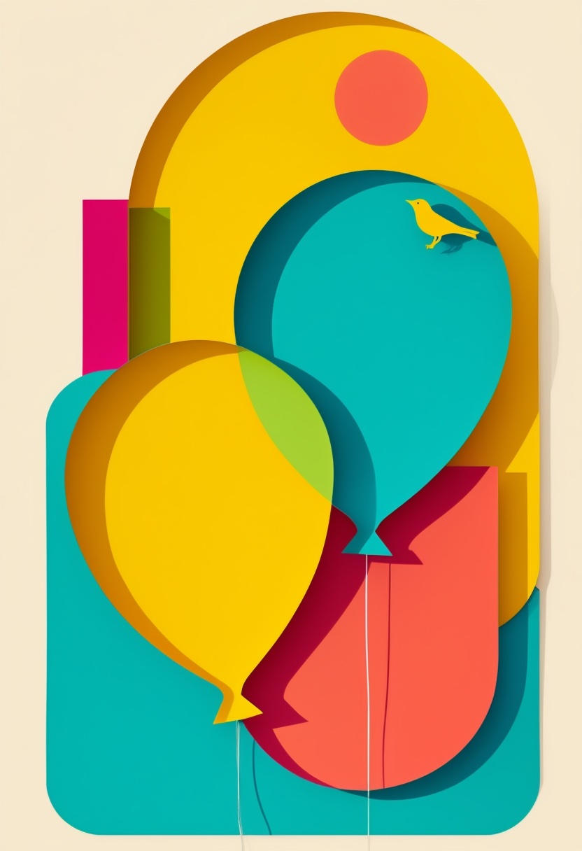 Balloons Soar with Bird — Birthday cut-paper-style greeting card