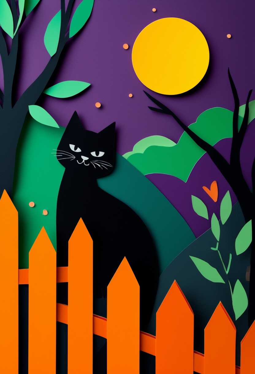 Black Cat Moonlit Fence — Halloween cut-paper-style greeting card
