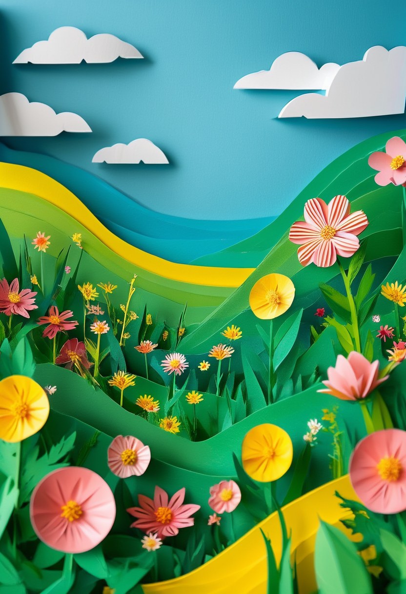 Blooming Meadow Dreamscape — Spring cut-paper-style greeting card