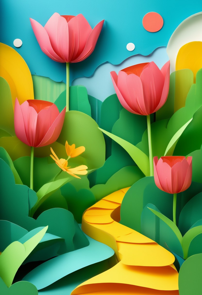 Blooming Meadow Pathway — Spring cut-paper-style greeting card