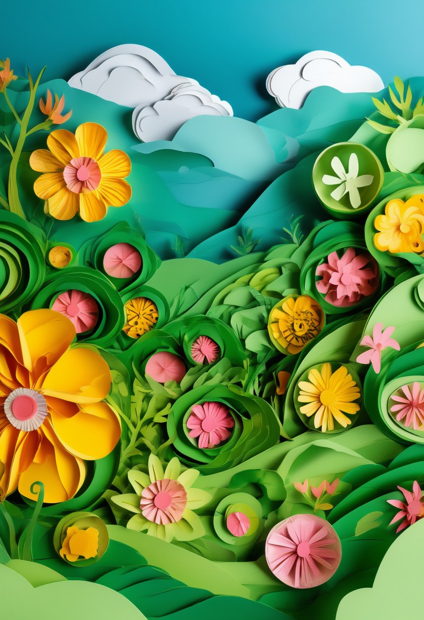 Blooming Meadow Reverie — Spring cut-paper-style greeting card