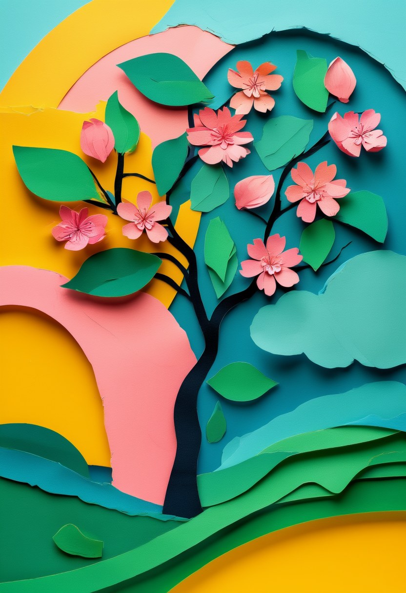 Blossoming Cherry Grove — Spring cut-paper-style greeting card