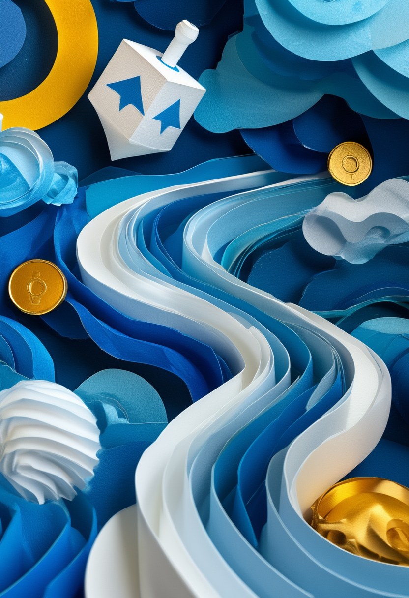 Blue Hanukkah Paper Waves — Hanukkah cut-paper-style greeting card