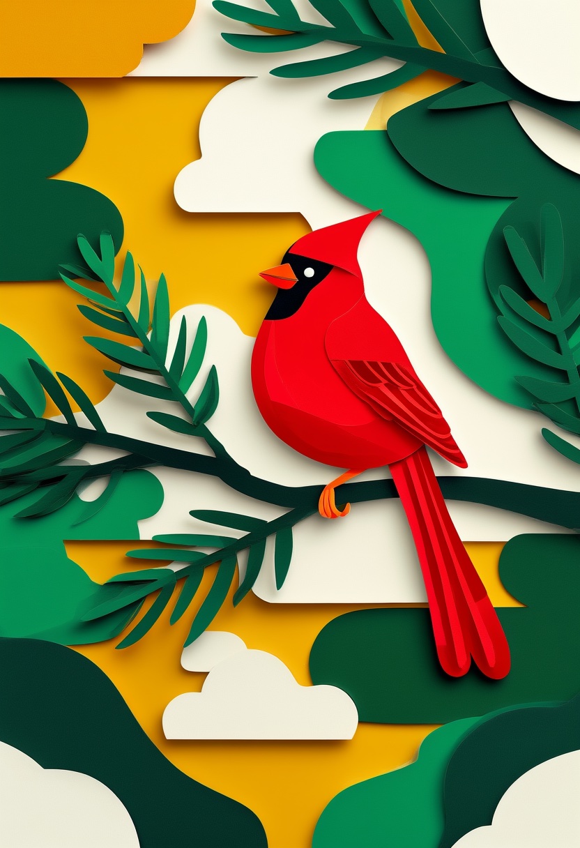 Cardinal On Snowy Pine — Christmas cut-paper-style greeting card
