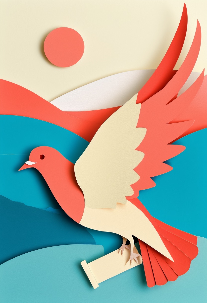 Carrier Pigeon Flight — Keeping in Touch cut-paper-style greeting card