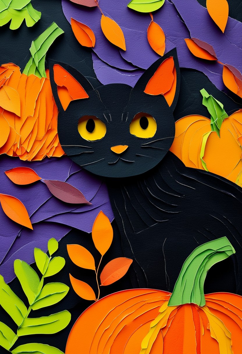 Cat Among Autumn Pumpkins — Halloween
