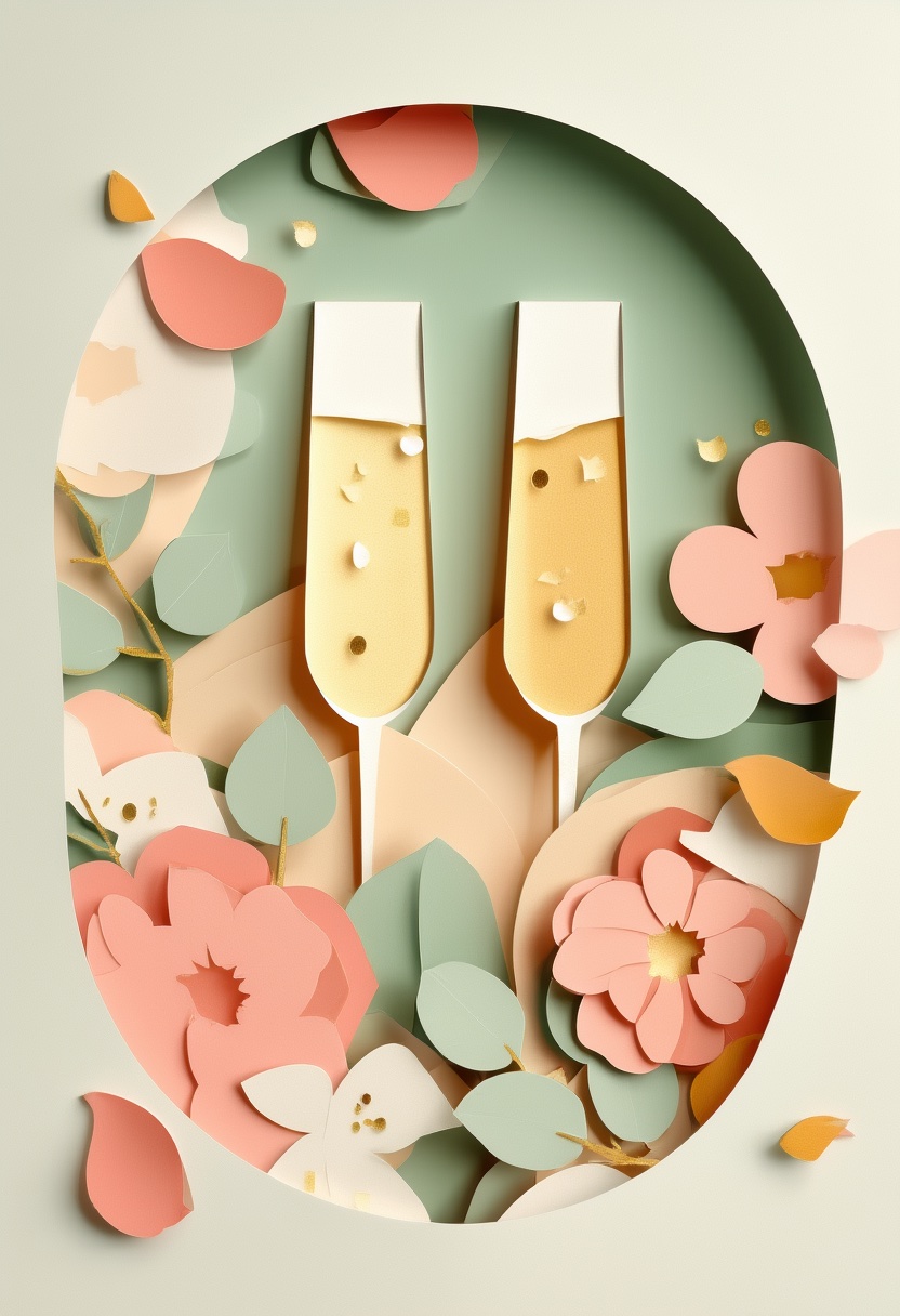 Celebratory Champagne Clinking — Wedding cut-paper-style greeting card
