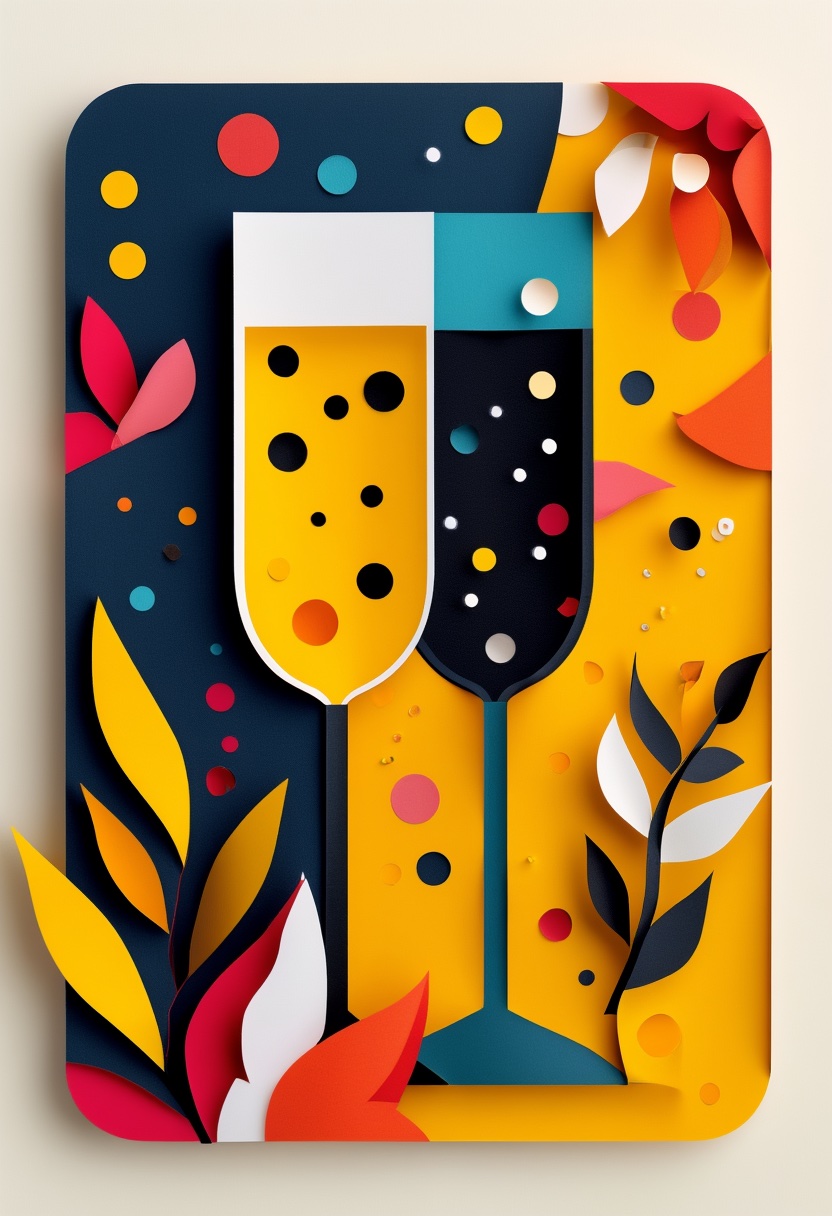 Celebratory Champagne Flutes — New Year's Day cut-paper-style greeting card