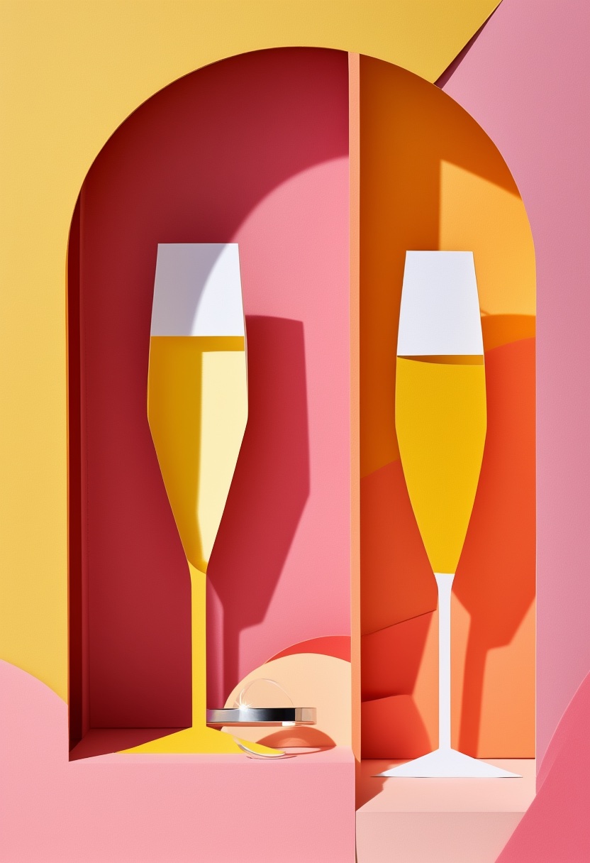 Champagne Flutes & Sparkling Ring — Engagement cut-paper-style greeting card