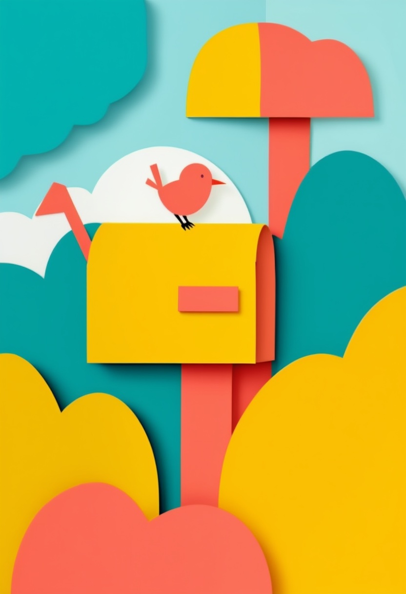 Cheerful Mailbox Bird — Hello cut-paper-style greeting card