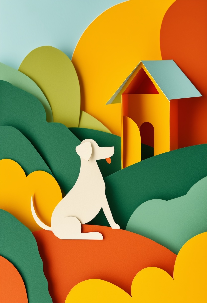 Cheerful Paper Cut Doghouse — New Home cut-paper-style greeting card