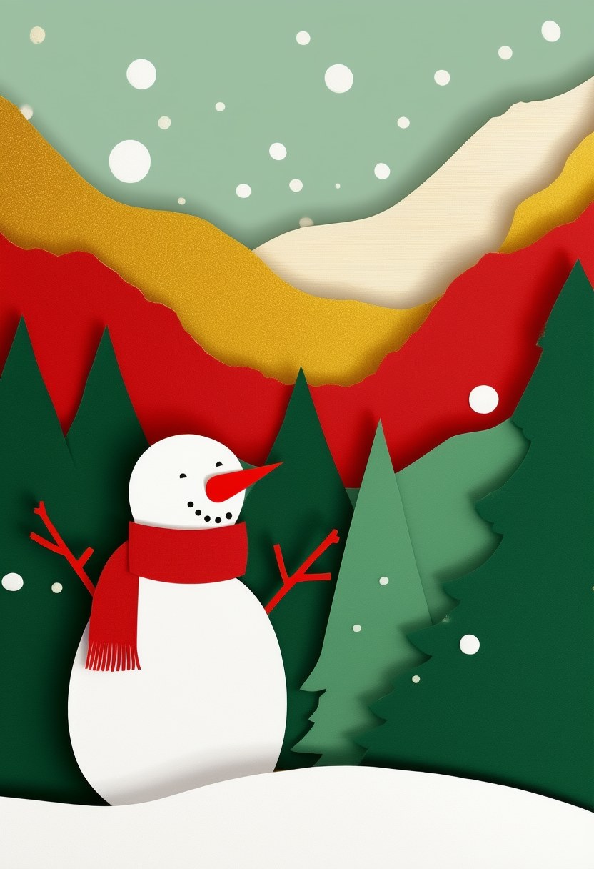 Cheerful Snowy Forest Friend — Christmas cut-paper-style greeting card