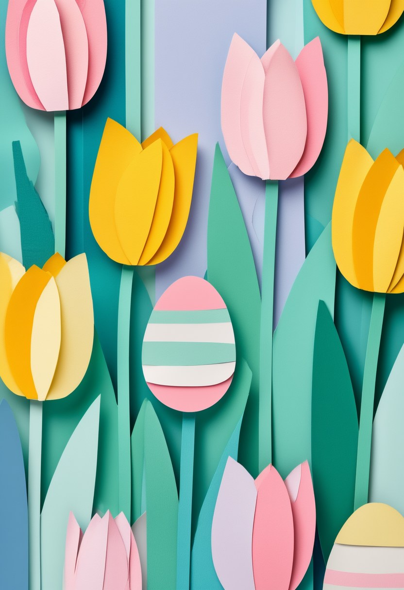 Cheerful Springtime Tulip Garden — Easter cut-paper-style greeting card