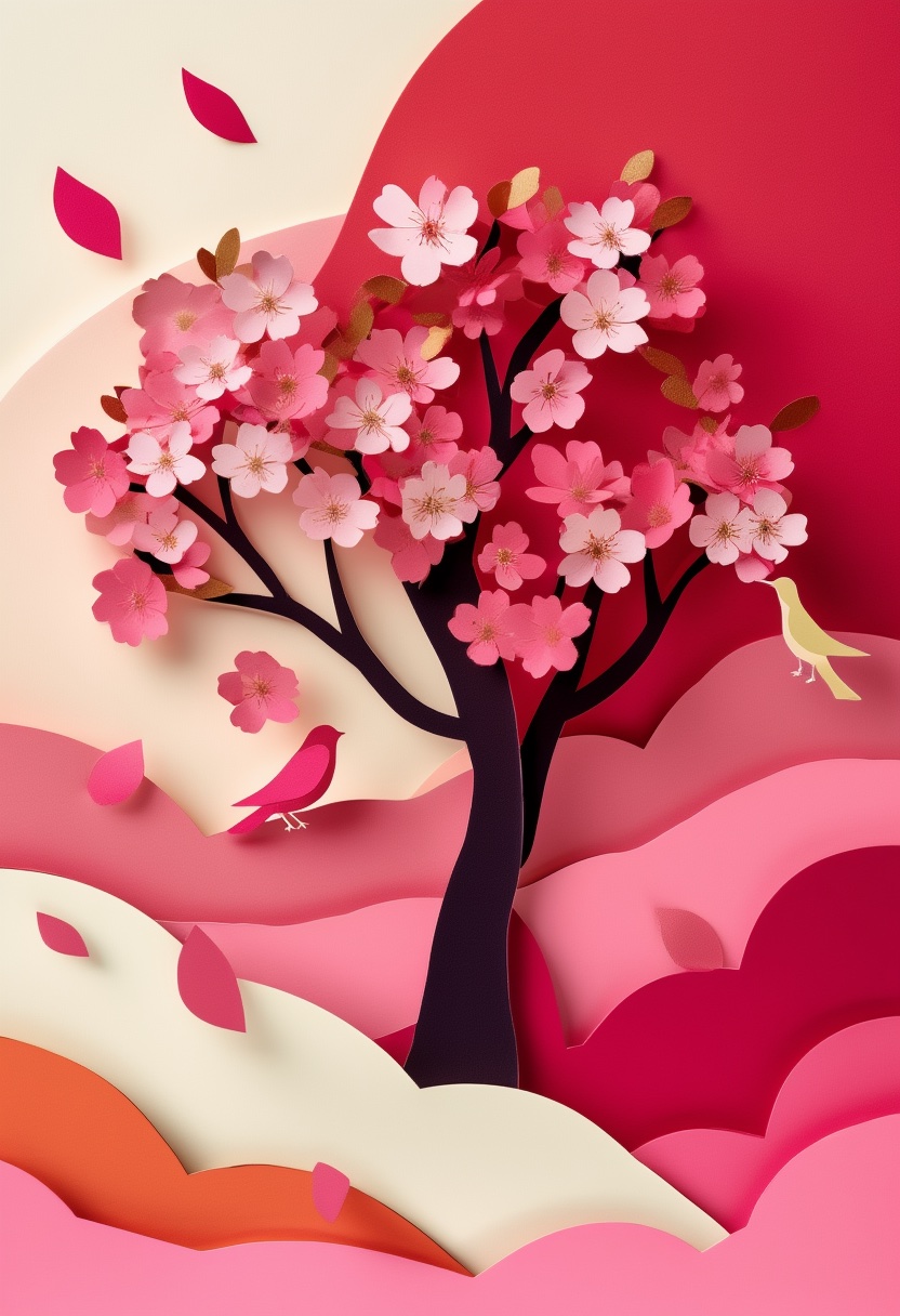 Cherry Blossom Petals Dance — Valentine's Day cut-paper-style greeting card