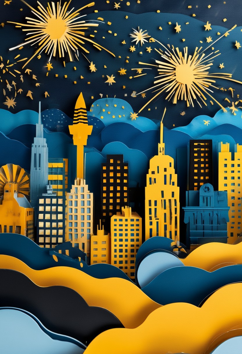 City Lights Celebration — Celebration cut-paper-style greeting card