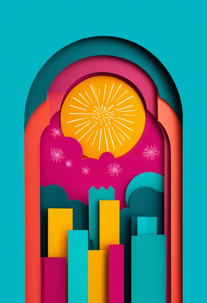 City Skyline Fireworks Celebration — Celebration cut-paper-style greeting card