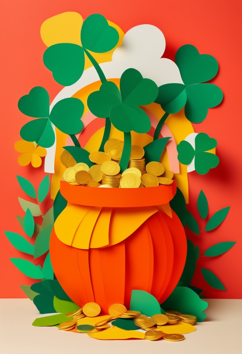 Clover Gold Pot Overflowing — St. Patrick's Day cut-paper-style greeting card