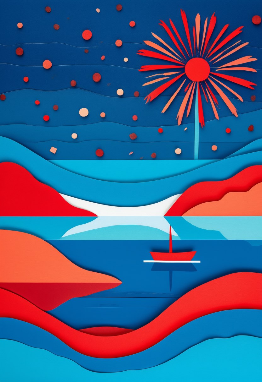 Coastal Sunset Reverie — Summer cut-paper-style greeting card