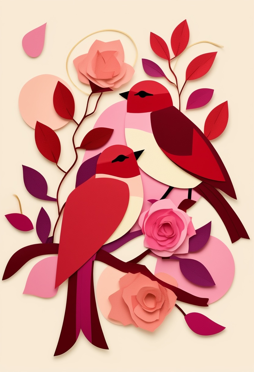 Collage of Crimson Lovebirds Amidst Blossoms — Valentine's Day cut-paper-style greeting card