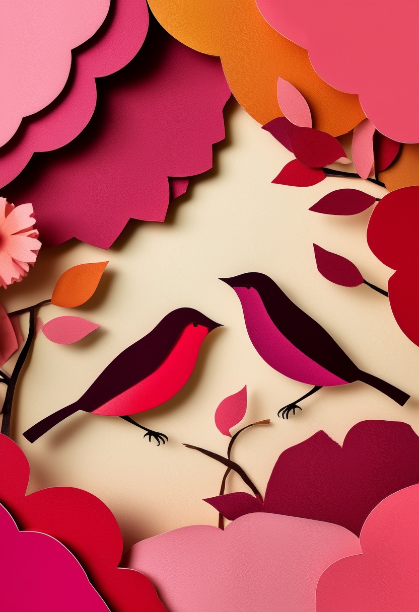 Collage Robins Nesting Together — Valentine's Day cut-paper-style greeting card