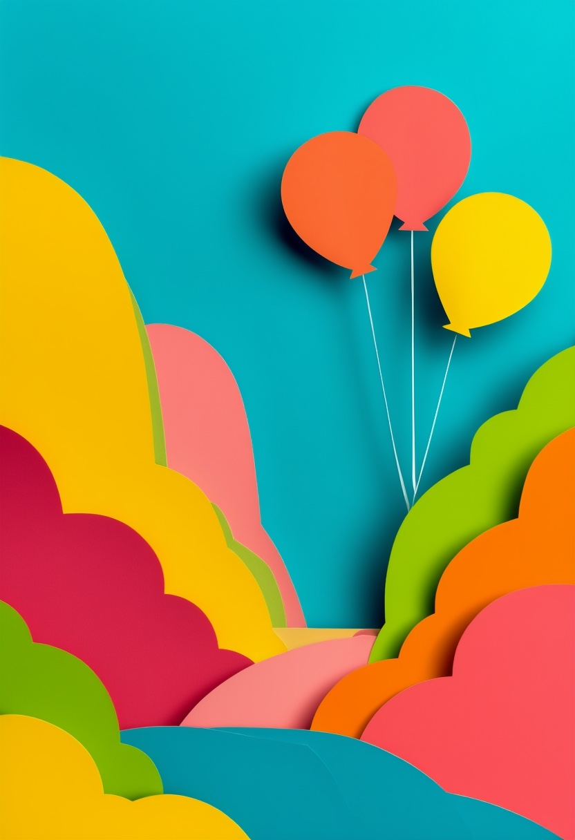 Colorful Balloons Over Mountains — Fun cut-paper-style greeting card
