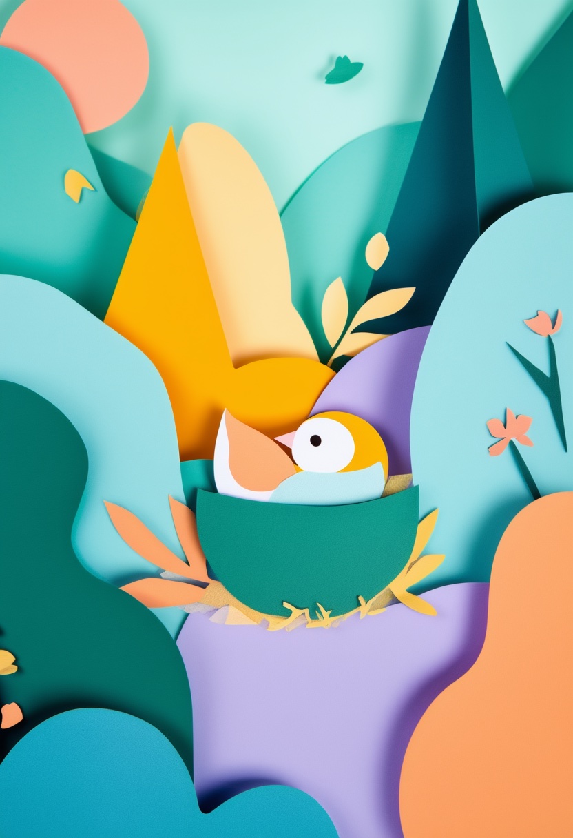 Colorful Bird Nest Perch — New Baby cut-paper-style greeting card