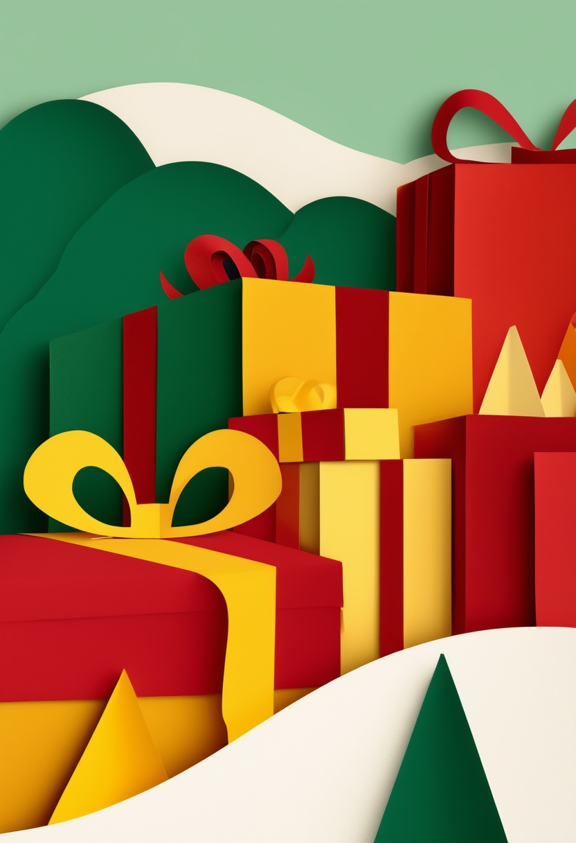Colorful Gift Stack — Christmas cut-paper-style greeting card