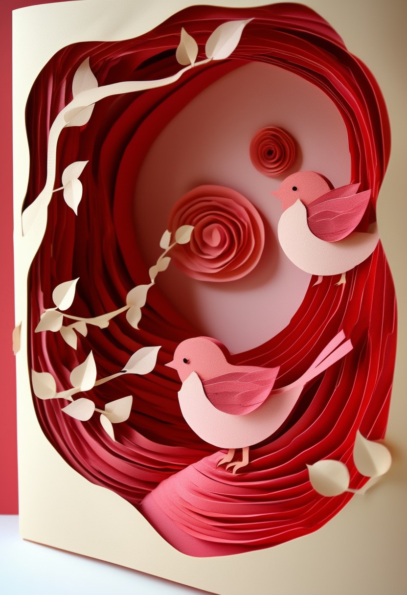 Crimson Birdsong Reverie — Valentine's Day cut-paper-style greeting card