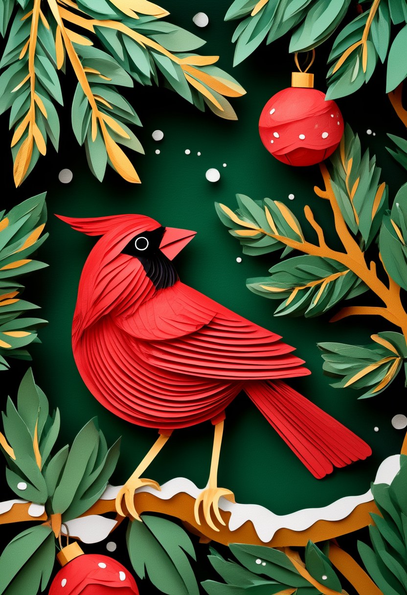 Crimson Cardinal's Winter Greeting — Christmas cut-paper-style greeting card