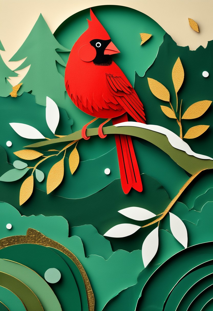 Crimson Cardinal Winter Scene — Christmas cut-paper-style greeting card