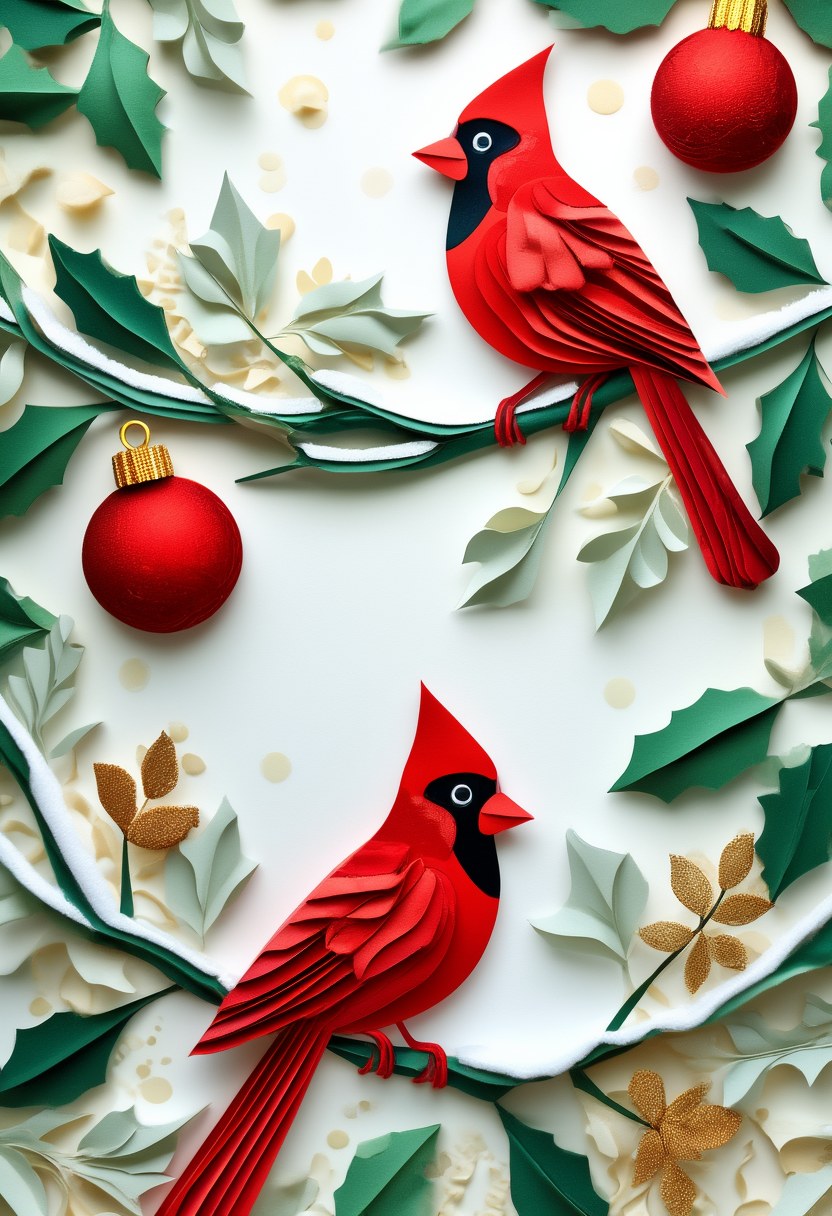 Crimson Cardinals Winter Cheer — Christmas cut-paper-style greeting card